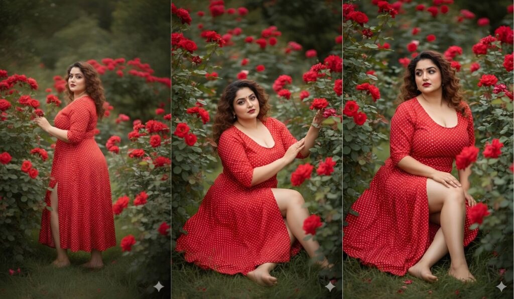Transform your portrait into an elegant rose-garden photoshoot with this free AI prompt. Keep your real face while wearing a vintage red polka dot dress among roses. Works with Gemini and most AI editors.