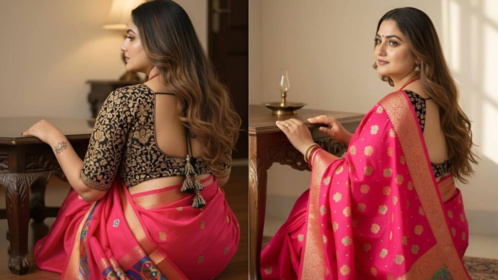 AI saree portrait, Gemini AI photo editing, traditional Indian look, pink saree photoshoot