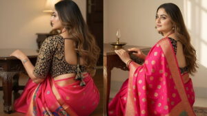 AI saree portrait, Gemini AI photo editing, traditional Indian look, pink saree photoshoot