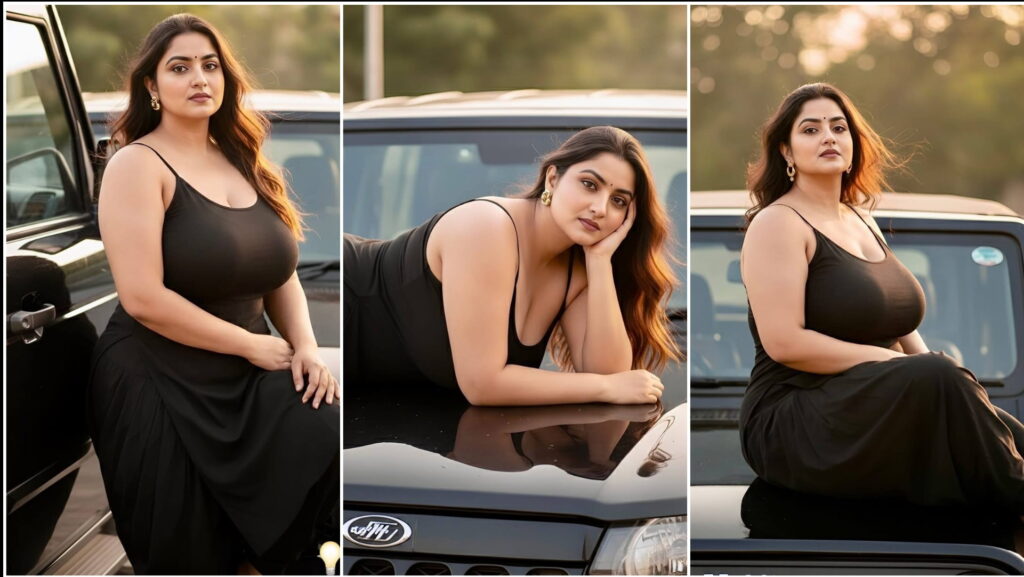 Create a golden‑hour, cinematic portrait with Google Gemini: Indian woman seated on a Thar SUV bonnet, three‑quarters to camera, soft breeze, romantic bokeh, realistic skin tones—face matched 100% to your uploaded photo. Perfect 9×16 edit for Reels and fashion posts.