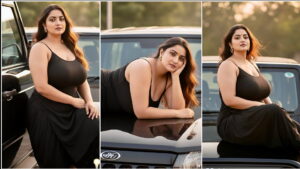 Create a golden‑hour, cinematic portrait with Google Gemini: Indian woman seated on a Thar SUV bonnet, three‑quarters to camera, soft breeze, romantic bokeh, realistic skin tones—face matched 100% to your uploaded photo. Perfect 9×16 edit for Reels and fashion posts.